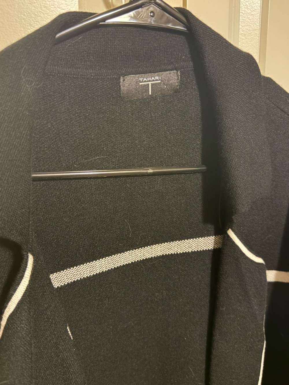 Tahari Black Cardigan with White Stripe Accents - Picture 2 of 3